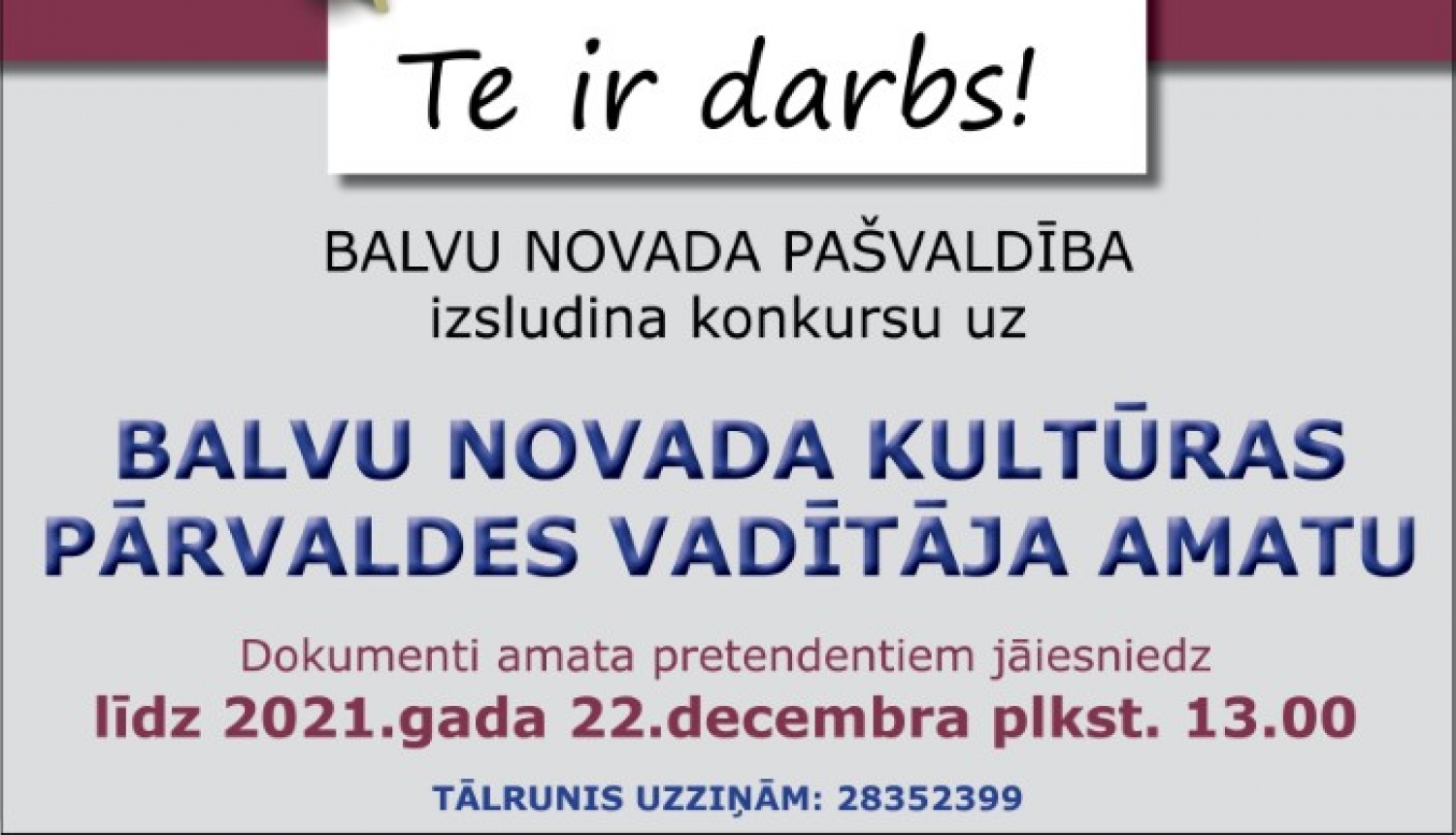BALVU NOVADA PAŠVALDĪBA, Reģ.Nr.90009115622, izsludina konkursu uz Balvu novada Kultūras pārvaldes vadītāja amatu uz nenoteiktu laiku (profesijas kods 1112 36)